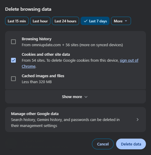 Google Chrome “Delete browsing data” dialog showing the Last 7 days time range selected, with Cookies and other site data checked, and options for browsing history and cached images/files unchecked, plus Cancel and Delete data buttons at the bottom.